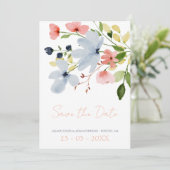 Elegante Boho Blauwe en Roze 'Save the Date' Save The Date (Staand voorkant)