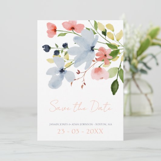 Elegante Boho Blauwe en Roze 'Save the Date' Save The Date (Staand voorkant)