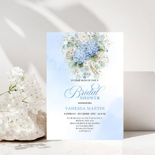 Elegante Boho Blauwe Hortensia Gouden Bruiloftsinv Kaart
