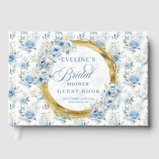 Elegante Boho Blauwe Rozen Gouden Bloemachtige Bru Gastenboek (Voorkant)