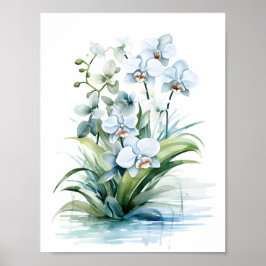 Elegante Boho Blauwe Waterverf Orchideeën Poster