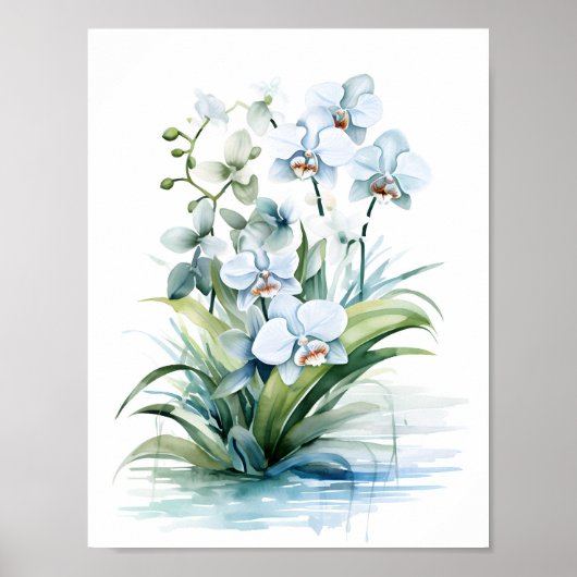Elegante Boho Blauwe Waterverf Orchideeën Poster (Voorkant)