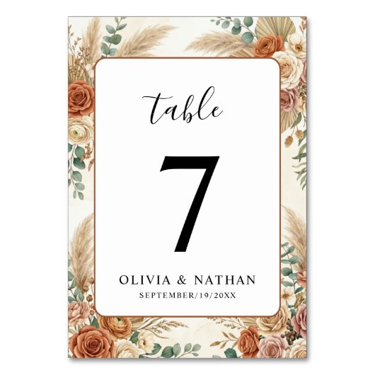 Elegante Boho Bloem Bruiloft Tafel Nummerkaart Kaart (Voorkant)