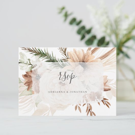 Elegante Boho Bloem Pampas RSVP Kaartje (Staand voorkant)
