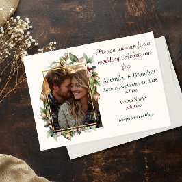 Elegante Boho Bloemboog Huwelijksfoto Uitnodiging