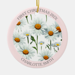 Elegante Boho Bloemen Blush Roze Eerste Kerstmis Keramisch Ornament