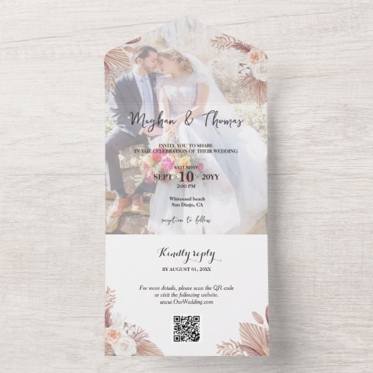 Elegante Boho Bloemen Foto Overlay Bruiloft QR Cod All In One Uitnodiging (Binnen)