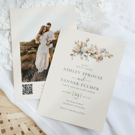 Elegante Boho  Bloemen QR Code Foto Huwelijk Kaart