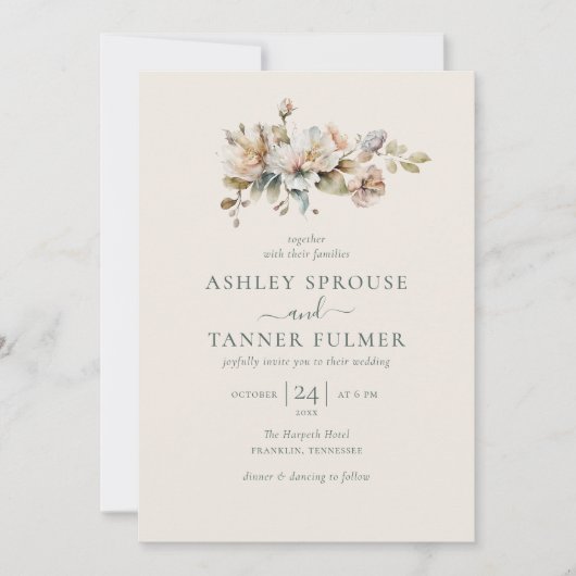 Elegante Boho  Bloemen QR Code Foto Huwelijk Kaart (Voorkant)