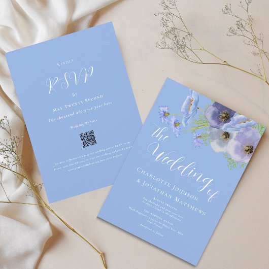 Elegante Boho Bloemenboeket Blauwe Trouw Qr Code Kaart