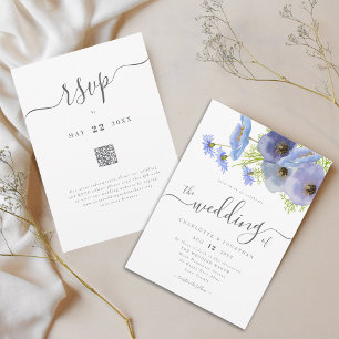 Elegante Boho Bloemige Blauwe Trouw QR Code Kaart