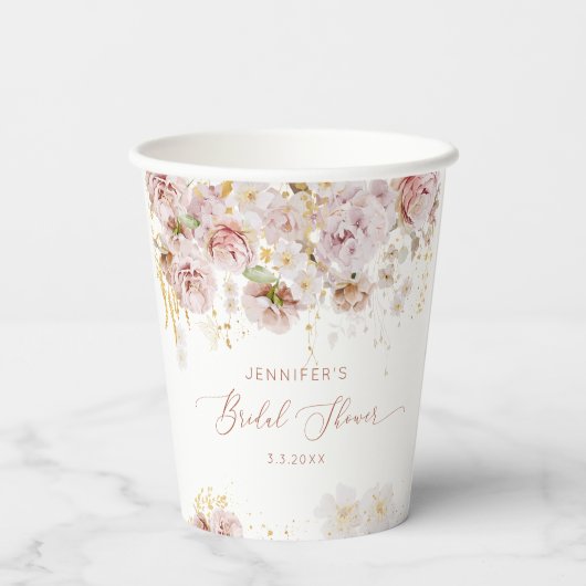 Elegante boho bloemige bruidsshower papieren bekers (Achterkant)