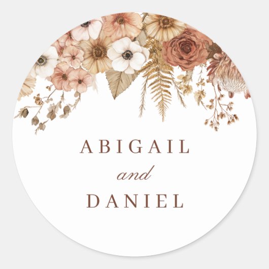 Elegante Boho Bloemige Bruiloft Ronde Sticker (Voorkant)