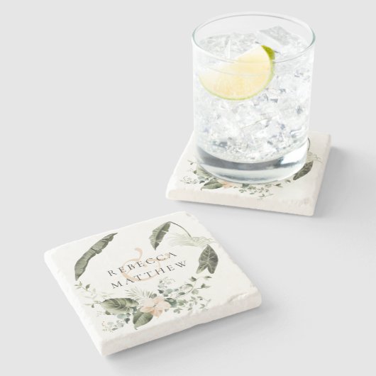 Elegante Boho Bloemige Groene Huwelijk Stenen Onderzetter (Zijkant)