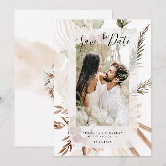 Elegante Boho Bloemige Pampas Foto Save The Date (Voorkant / Achterkant)