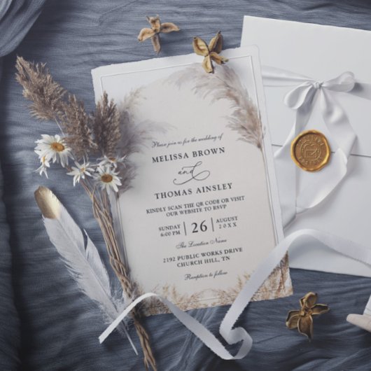 Elegante Boho Bloemrijke Pampas Budget QR Code Bru Kaart
