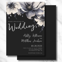Elegante Boho Bloemrijke Zwarte Bruiloft Kaart