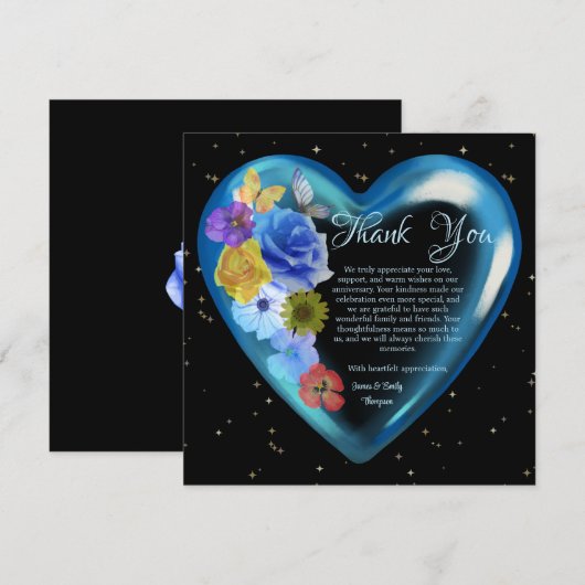 Elegante Boho Blue Floral Heart Wedding Jubileum Bedankkaart (Voorkant / Achterkant)