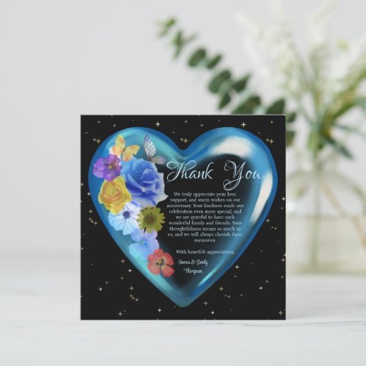 Elegante Boho Blue Floral Heart Wedding Jubileum Bedankkaart (Staand voorkant)