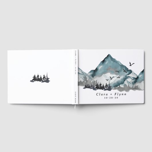 Elegante Boho Blue Mountain Forest bruiloft Gastenboek (Volledig)