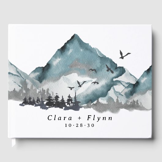 Elegante Boho Blue Mountain Forest bruiloft Gastenboek (Voorkant)