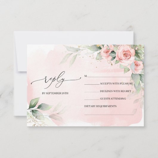 Elegante Boho Blush Bloemen en eucalyptus groen RSVP Kaartje (Voorkant)