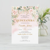 Elegante boho blush bloemengoud glitter Quinceañer Kaart (Staand voorkant)