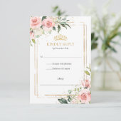 Elegante boho blush bloemengouden tiara Quinceaner RSVP Kaartje (Staand voorkant)
