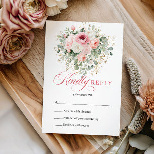 Elegante Boho Blush Bloemige Groene Huwelijks RSVP Kaartje