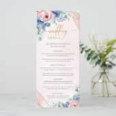 Elegante boho blush en blauw bloemengoud lijst menu (Staand voorkant)