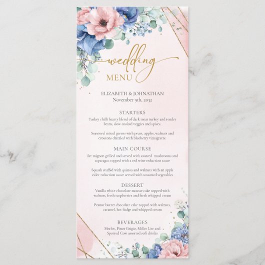 Elegante boho blush en blauw bloemengoud lijst menu (Voorkant)