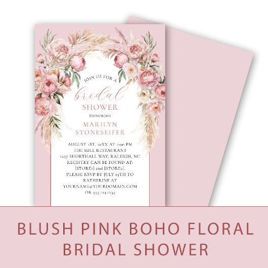 Elegante Boho Blush Pioenrozen, Pampas Gras Bruilo Kaart