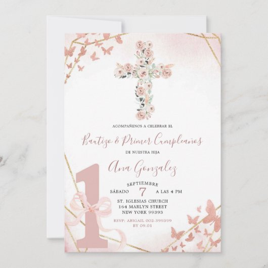 Elegante Boho Blush Roze Doop & Eerste Verjaardag Kaart (Voorkant)