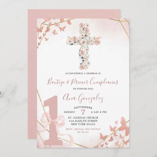 Elegante Boho Blush Roze Doop & Eerste Verjaardag Kaart (Voorkant / Achterkant)