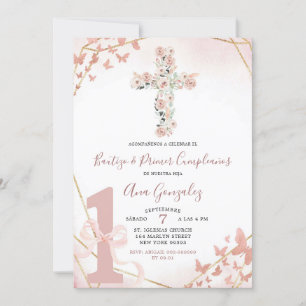 Elegante Boho Blush Roze Doop & Eerste Verjaardag Kaart