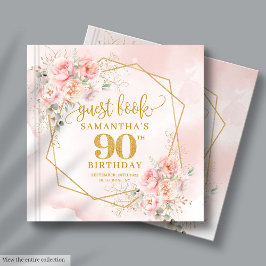 Elegante Boho Blush Roze Gouden Bloem 90ste Verjaa Gastenboek