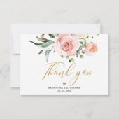 Elegante boho blush roze perzik bloemengoud letter bedankkaart (Voorkant)