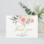 Elegante boho blush roze perzik bloemengoud letter bedankkaart (Staand voorkant)