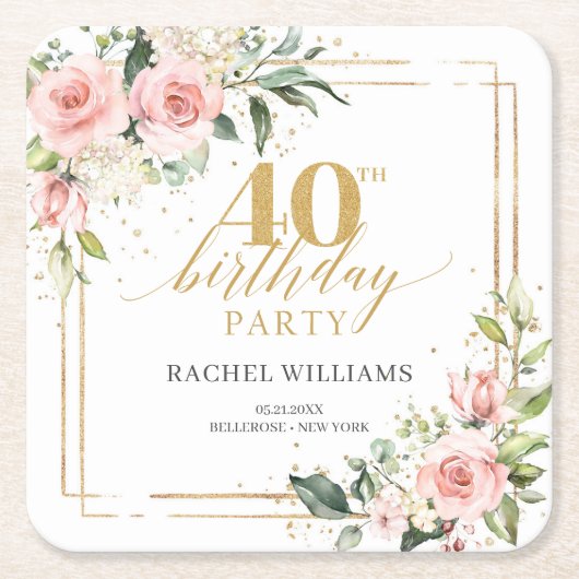 Elegante boho blush roze rozen 40e verjaardag kartonnen onderzetters (Voorkant)