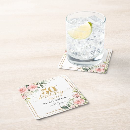 Elegante boho blush roze rozen groen 50ste verjaar kartonnen onderzetters (Insitu)