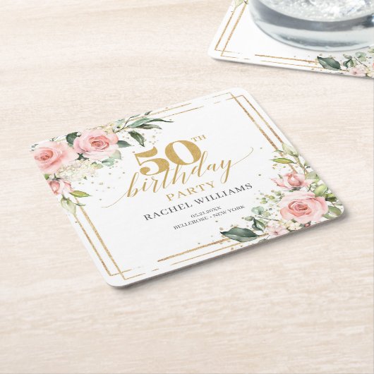 Elegante boho blush roze rozen groen 50ste verjaar kartonnen onderzetters (Schuin)