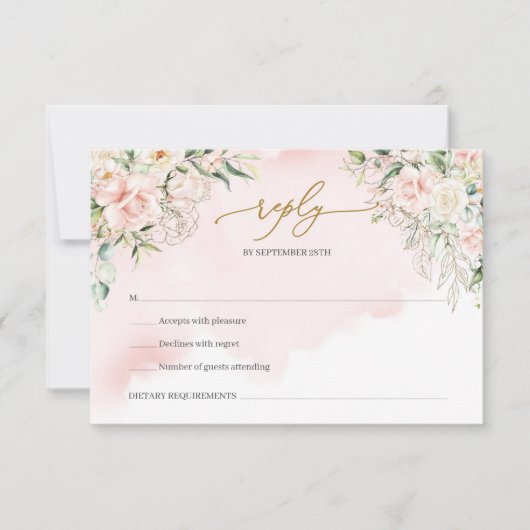 Elegante boho blush roze rozen groen en goud RSVP kaartje (Voorkant)