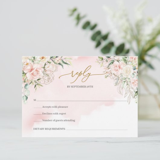 Elegante boho blush roze rozen groen en goud RSVP kaartje (Staand voorkant)