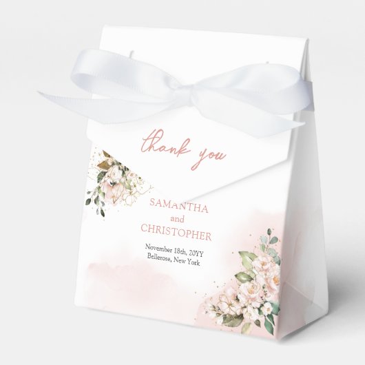 Elegante boho blush roze rozen groen goud bedankdoosjes (Voorkant Zijde)