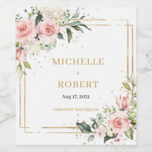 Elegante boho blush roze rozen groen goud lijst wijn etiket