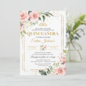 Elegante boho blush roze rozen groen quinceanera kaart (Staand voorkant)
