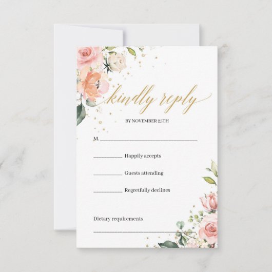 Elegante boho blush roze rozen groen rsvp kaart (Voorkant)