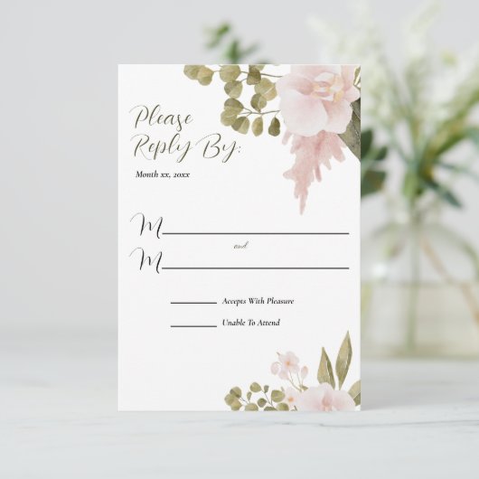Elegante BOHO Blush Roze Trouwantwoord RSVP Kaartje (Staand voorkant)