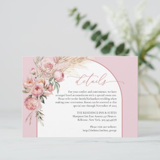 Elegante boho boog blush pioenrozen pampas details informatiekaartje (Staand voorkant)