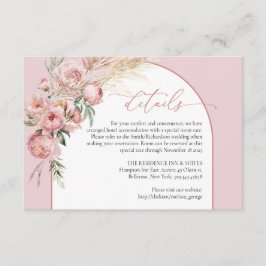 Elegante boho boog blush pioenrozen pampas details informatiekaartje
